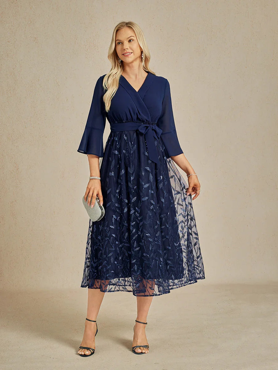 Navy Sequins Mesh Midi Dress