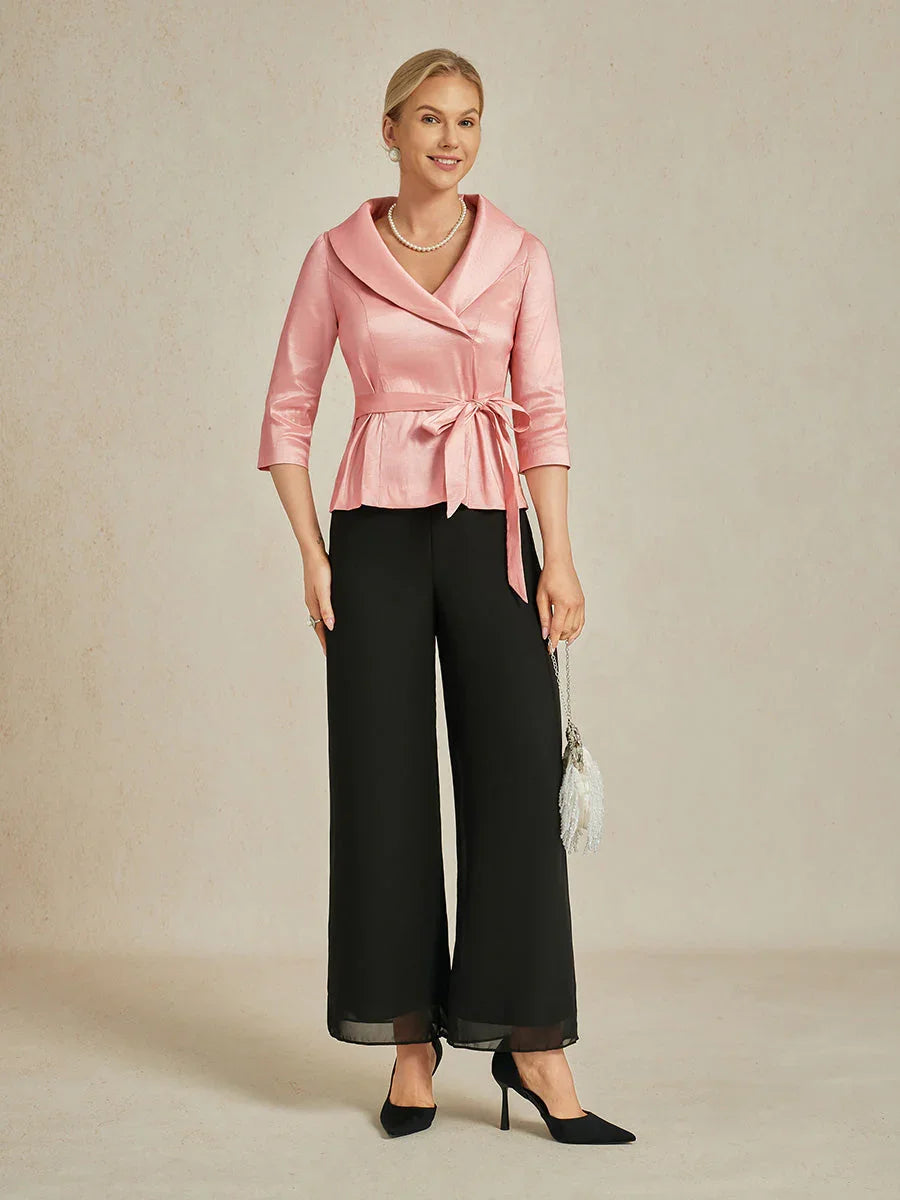 Bluse aus Stretch-Taft mit 3/4-Ärmeln und Bindedetail in der Taille