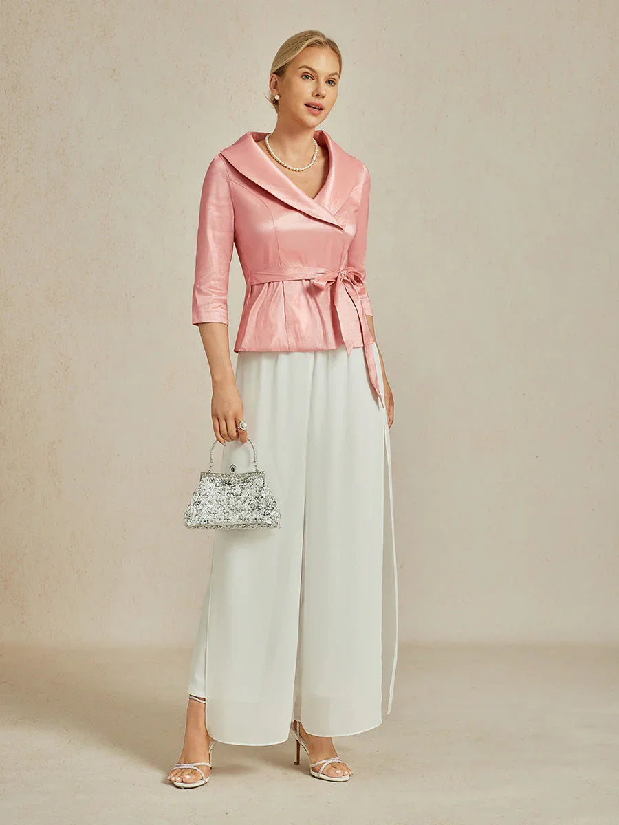 Bluse aus Stretch-Taft mit 3/4-Ärmeln und Bindedetail in der Taille