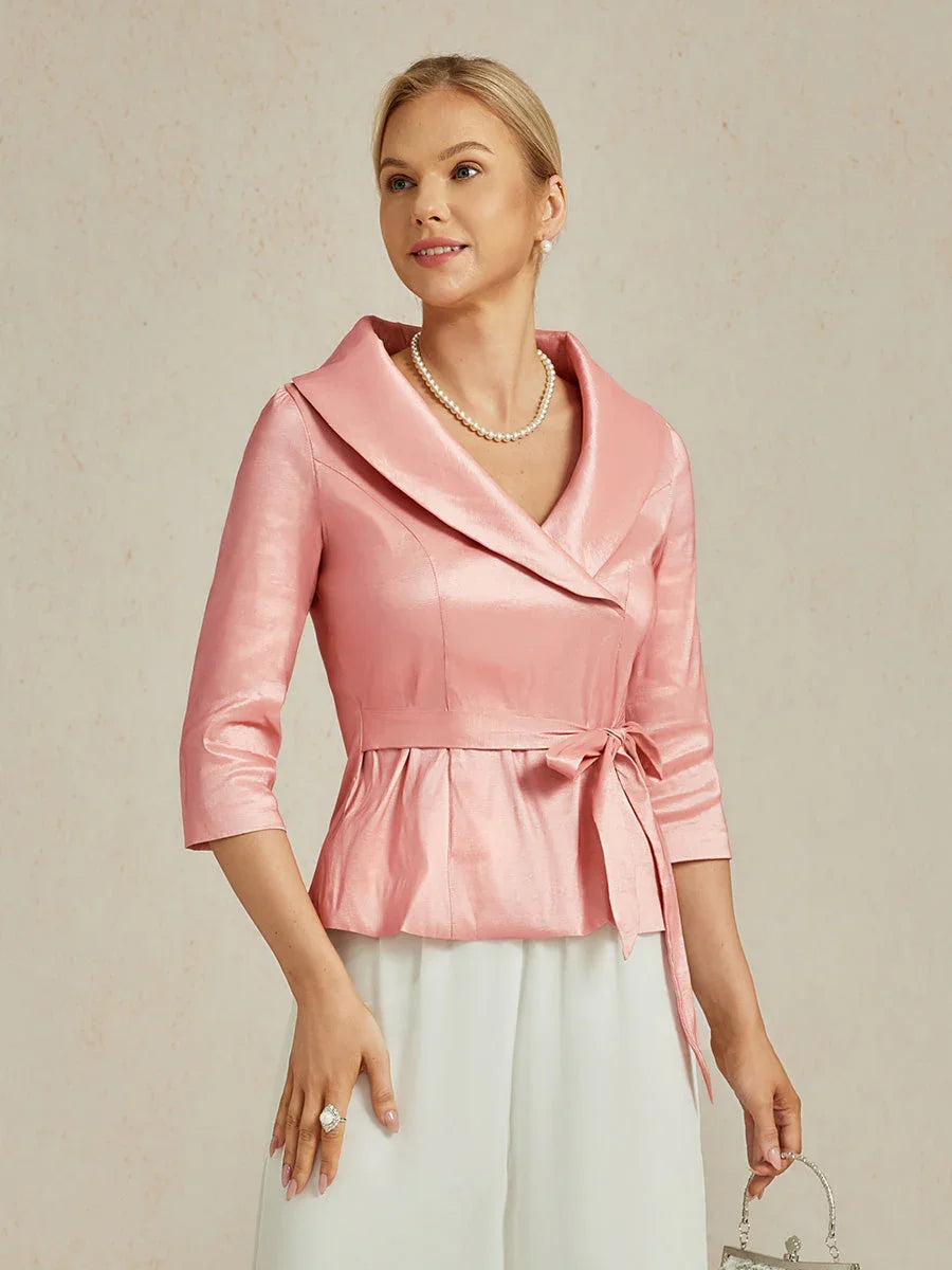 Bluse aus Stretch-Taft mit 3/4-Ärmeln und Bindedetail in der Taille
