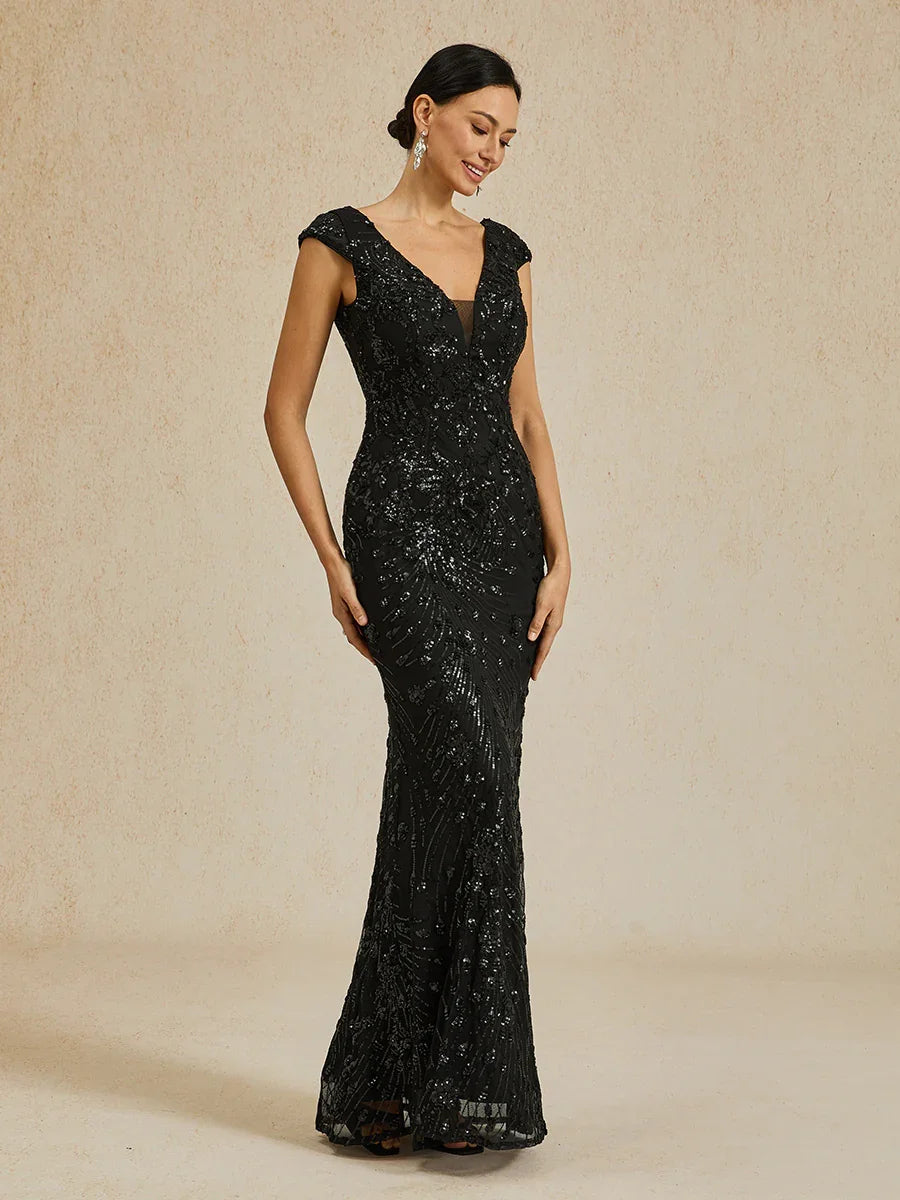 Vestido ajustado con escote en V y lentejuelas con cuentas