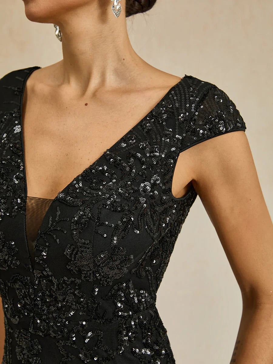 Vestido ajustado con escote en V y lentejuelas con cuentas