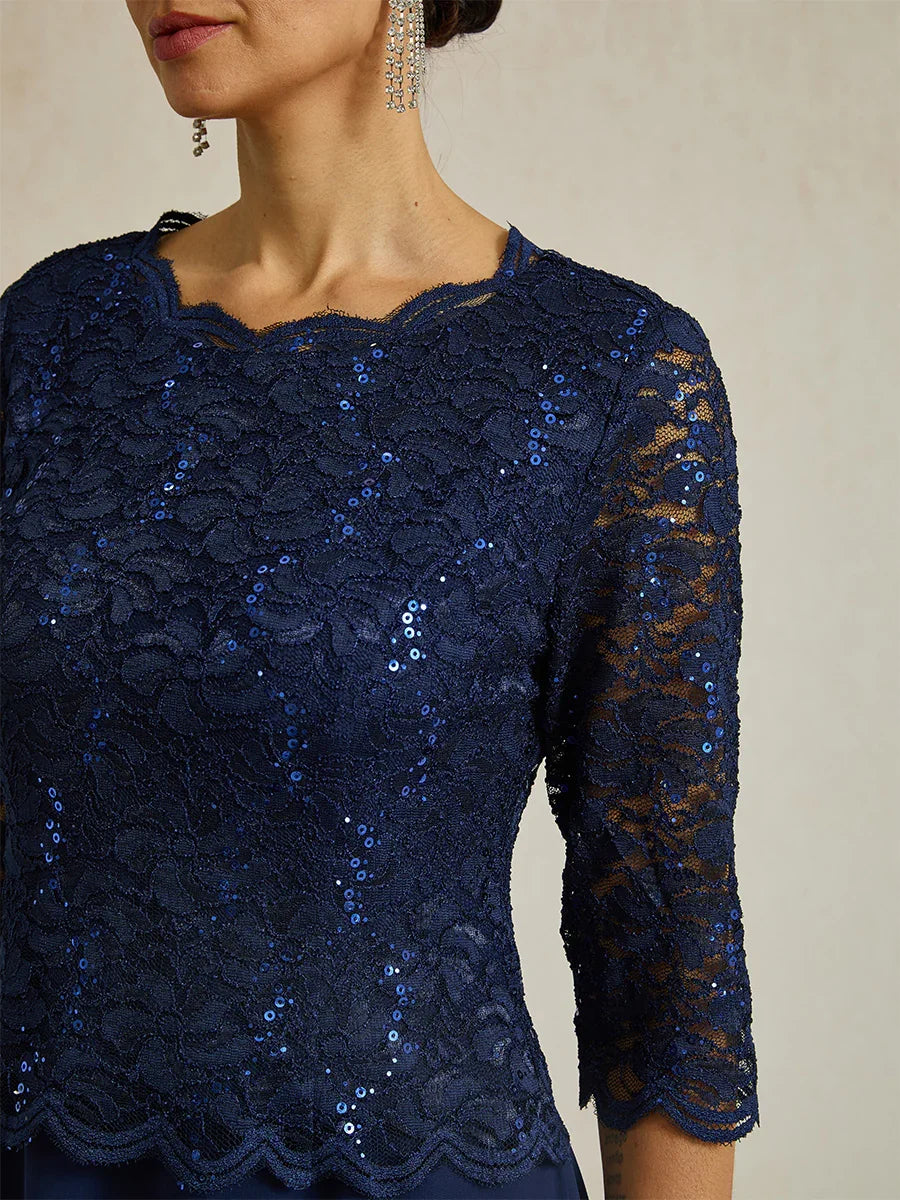 Vestido elegante de encaje y gasa a media pierna