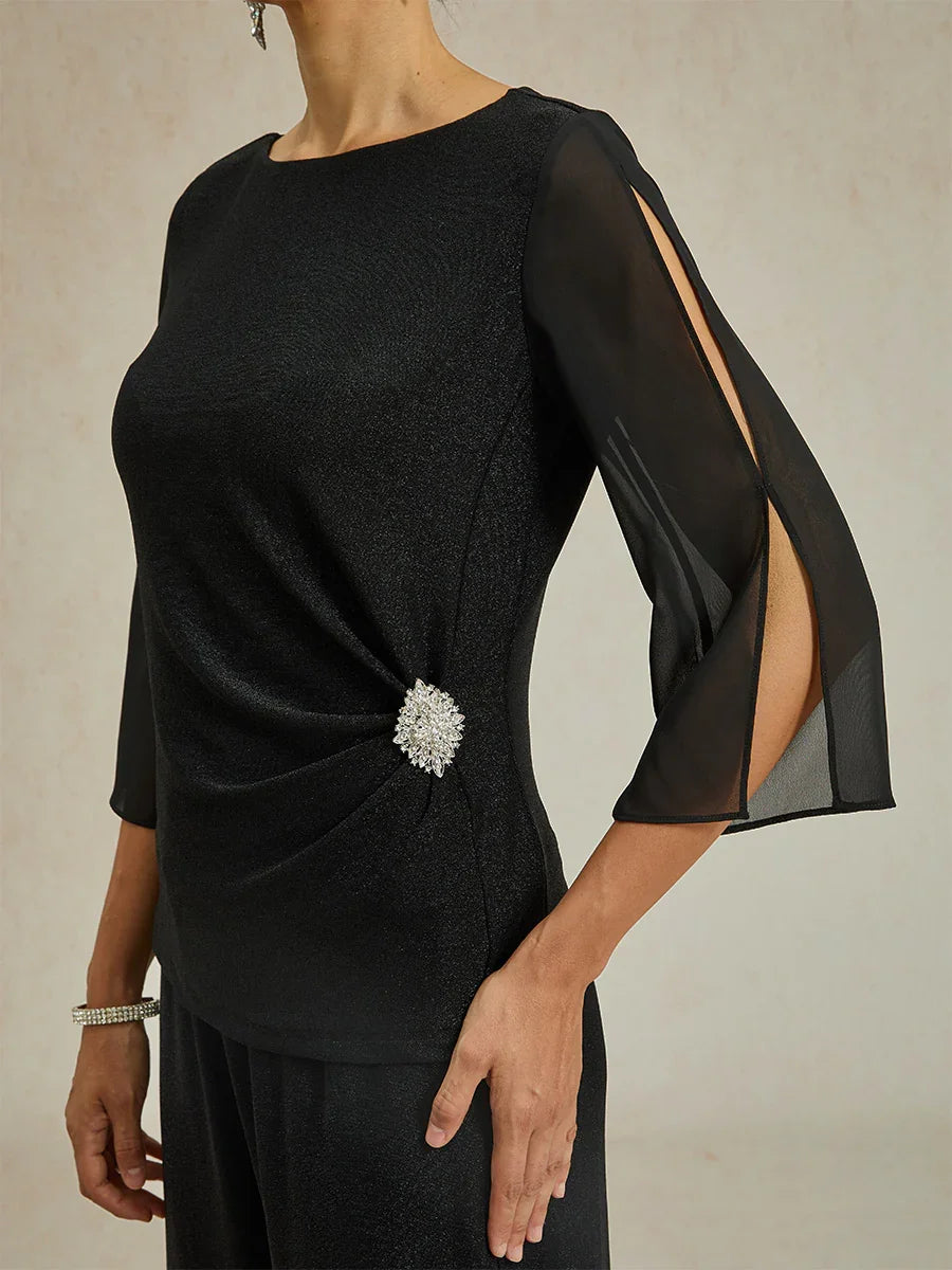 Elegant 3/4 Sleeve Metallic Knit Blouse