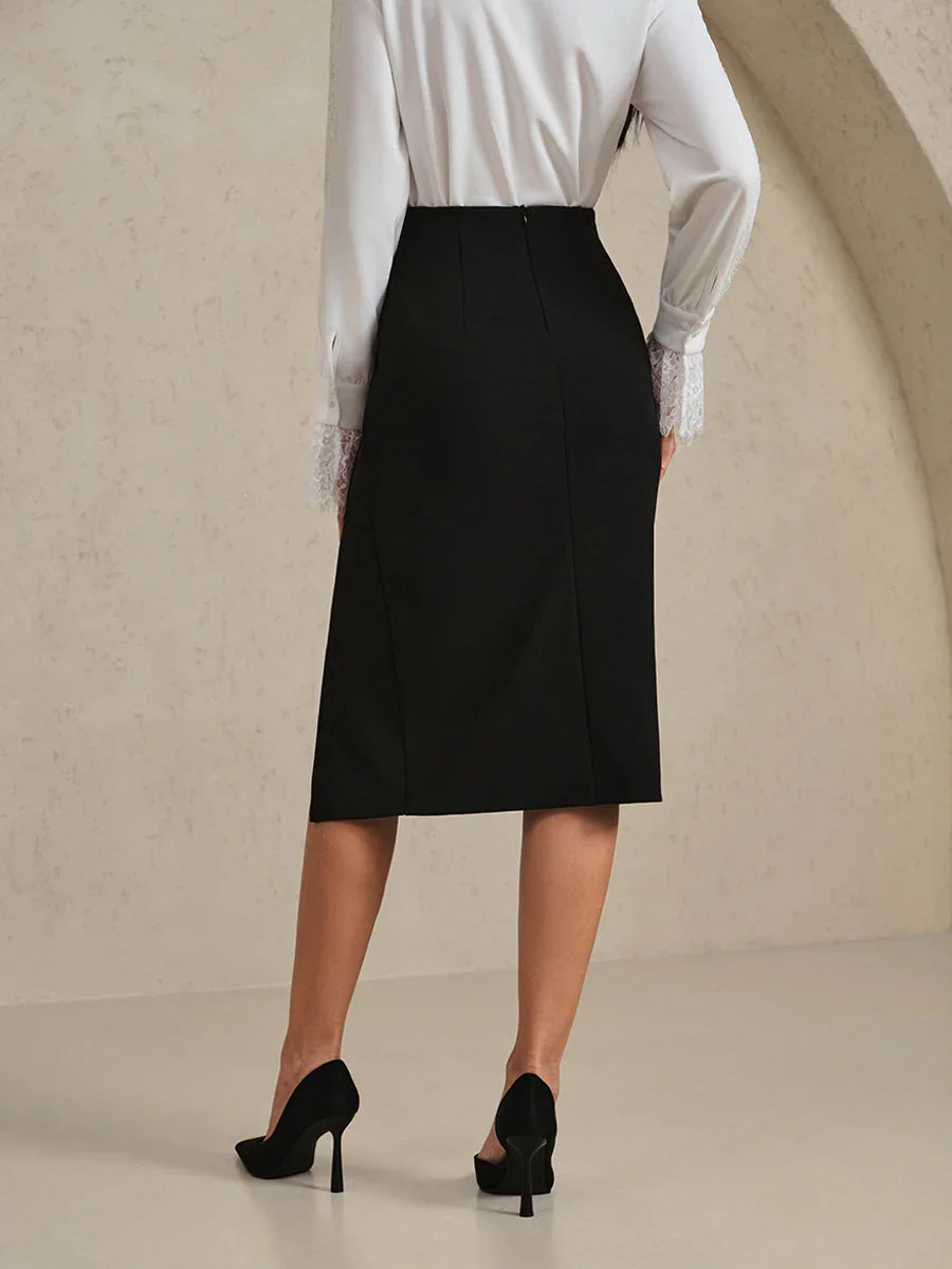 Knee Length Straight Skirt with Pearl Trim