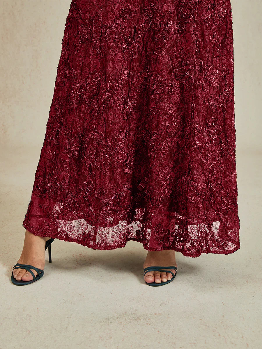Vestido línea A con encaje roseta y adornos de lentejuelas
