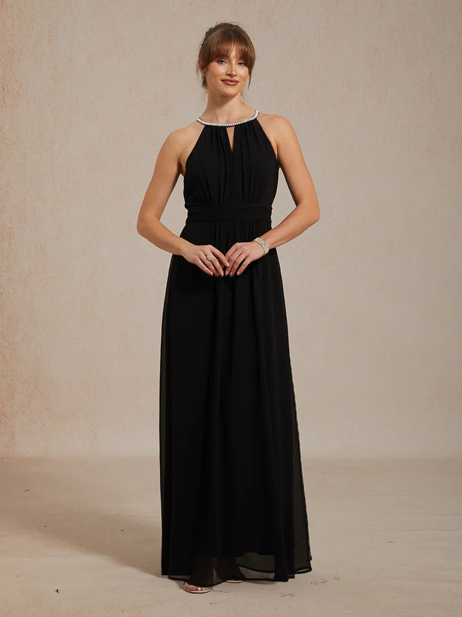 Chiffon Pearl Halter Neck Floor-Length Dress with Wrinkle Resistant chiffon