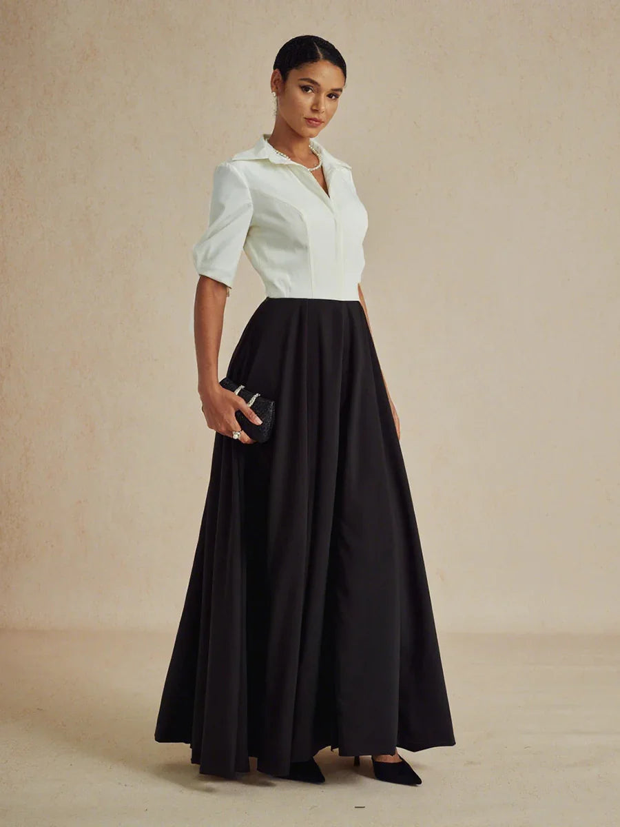 Formal Black & White Stretch Taffeta Maxi Dress