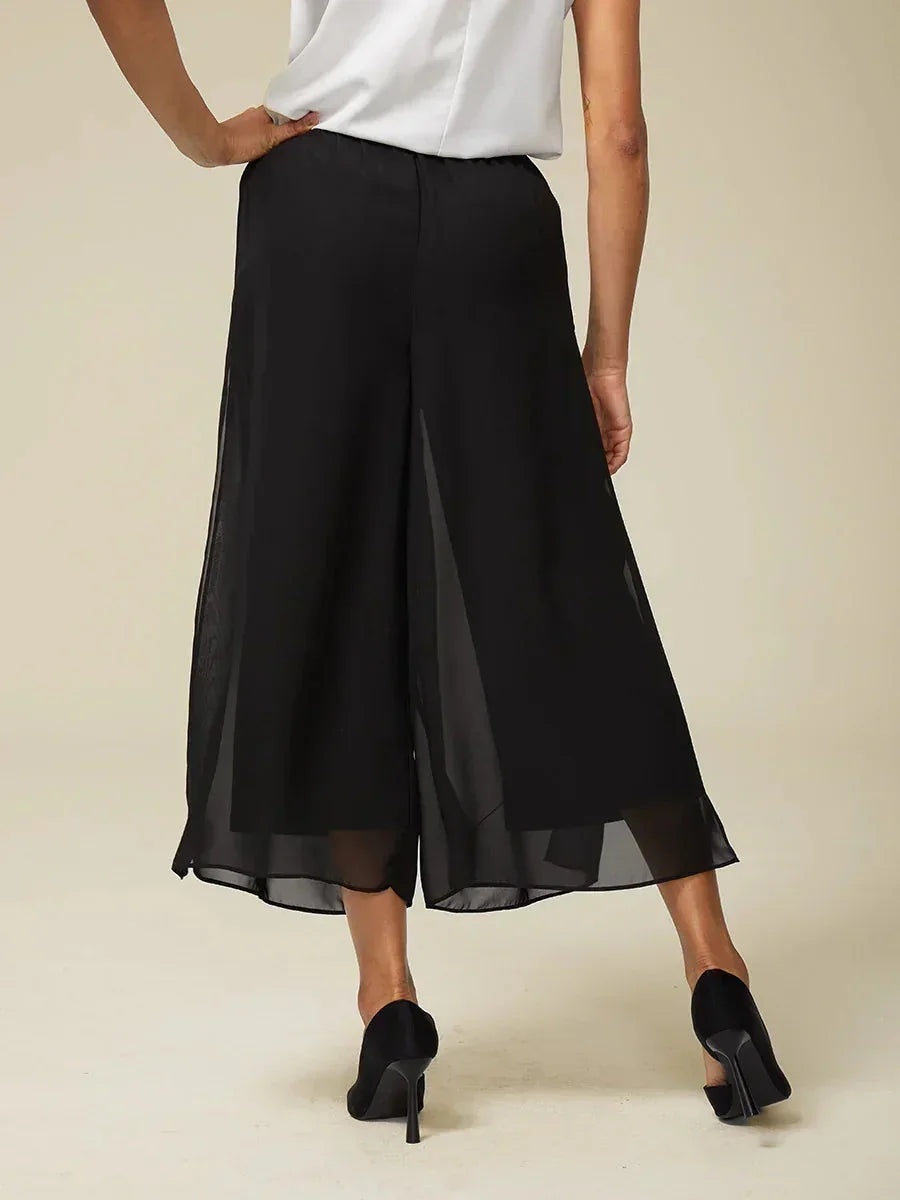Cropped Length Straight Leg Pant With Chiffon Split Leg Overlay