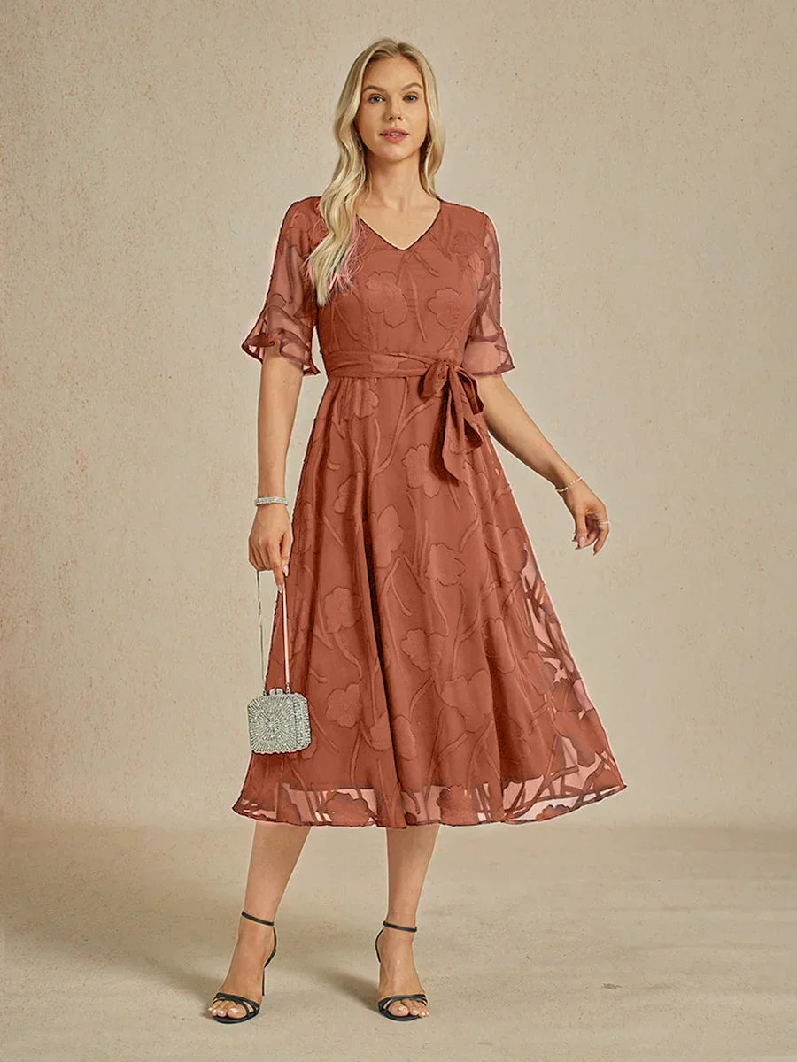 荷葉邊蕾絲長裙連衣裙