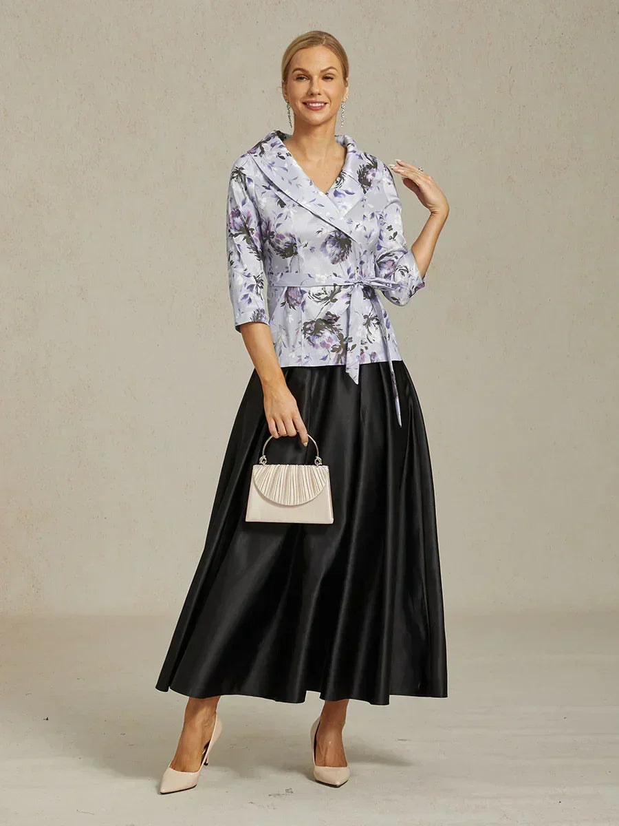 3/4 Sleeve Stretch Taffeta Blouse with Tie Waist Detail