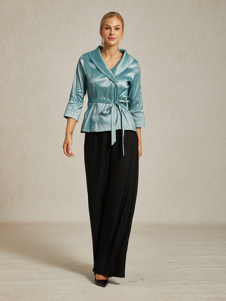 3/4 Sleeve Stretch Taffeta Blouse with Tie Waist Detail