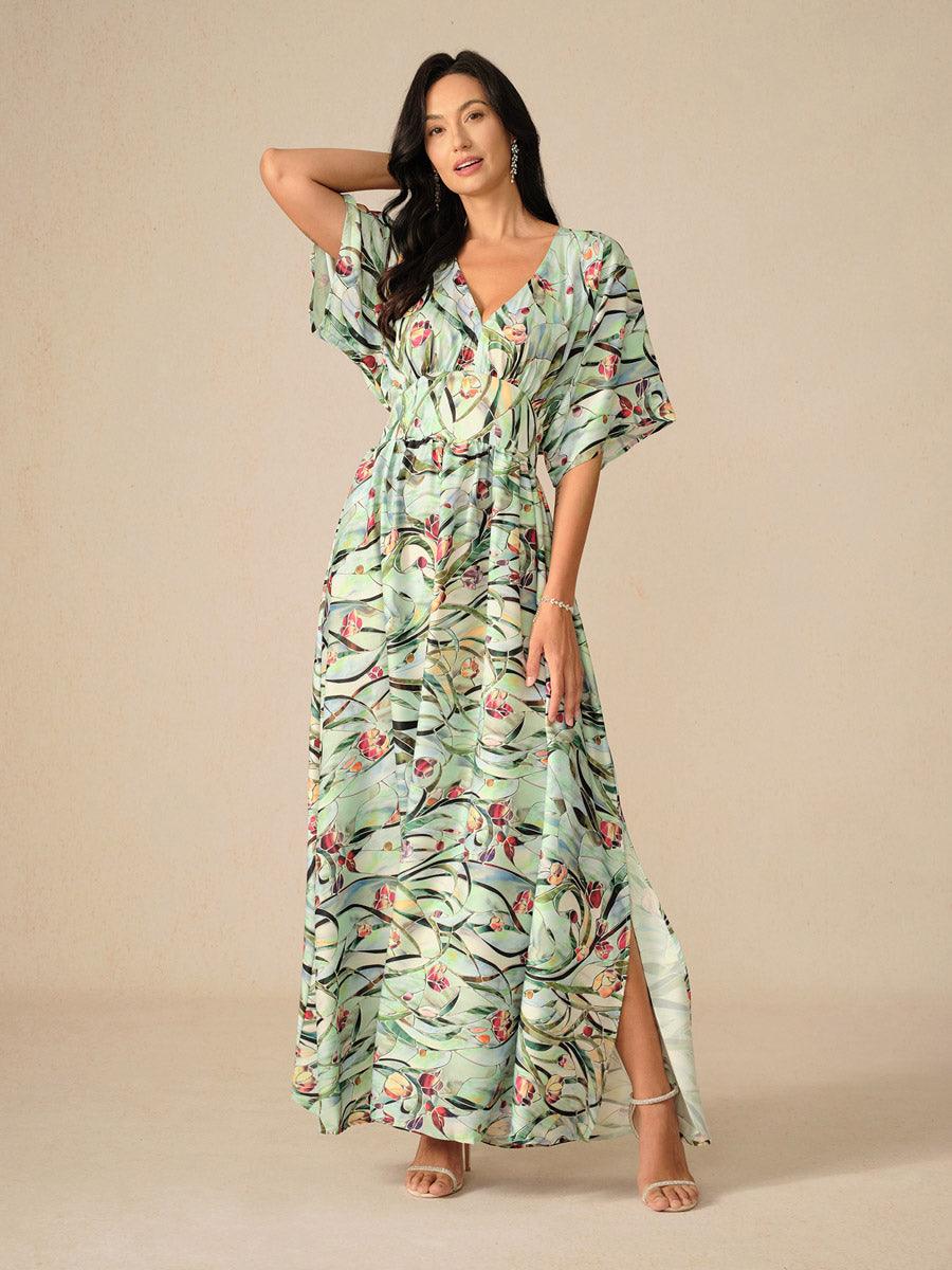 Tropical Floral Satin Maxi Dress