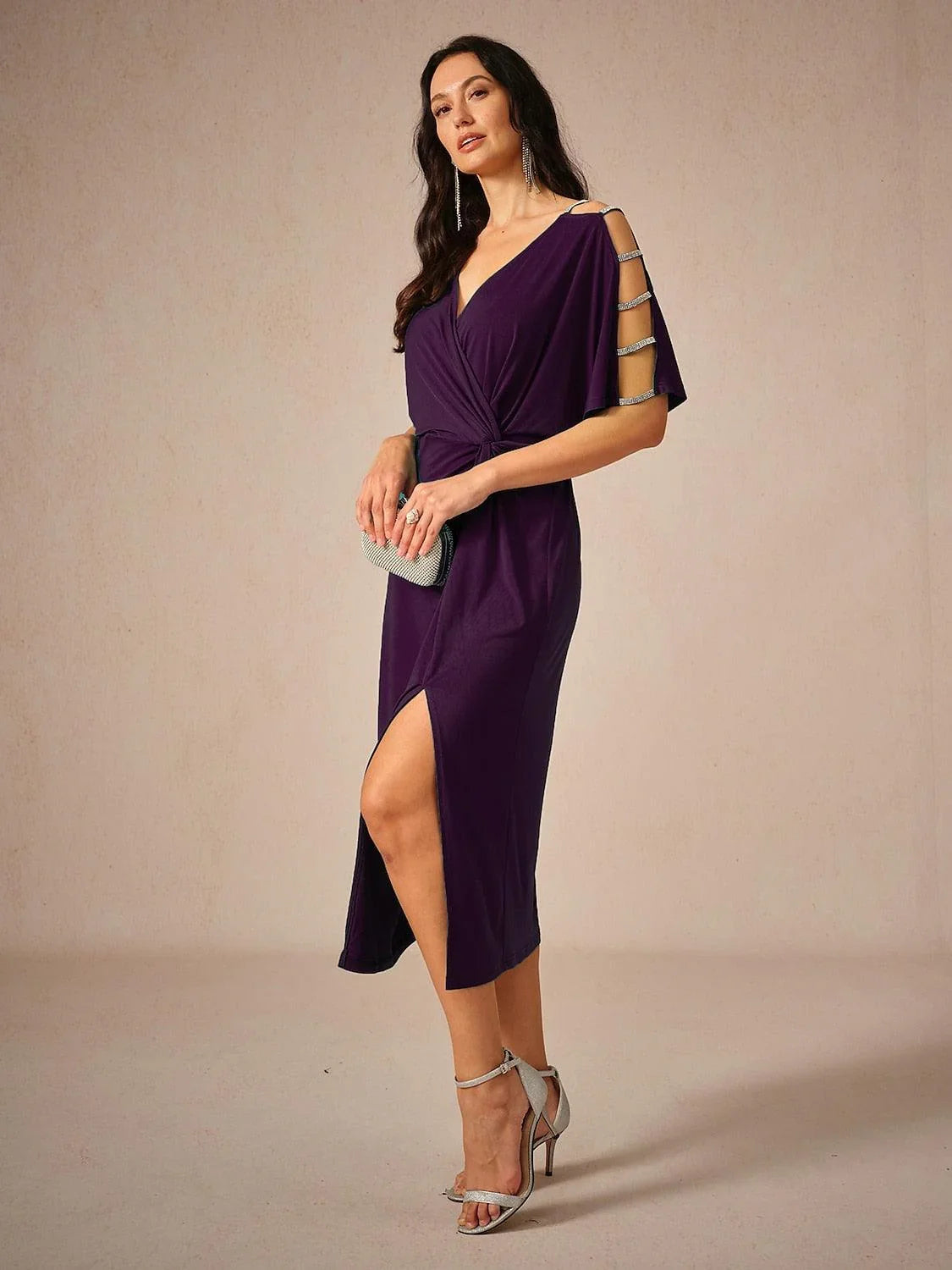 Stretch Knot Front Dress with Front Slit & Embellished Sleeve Cutouts