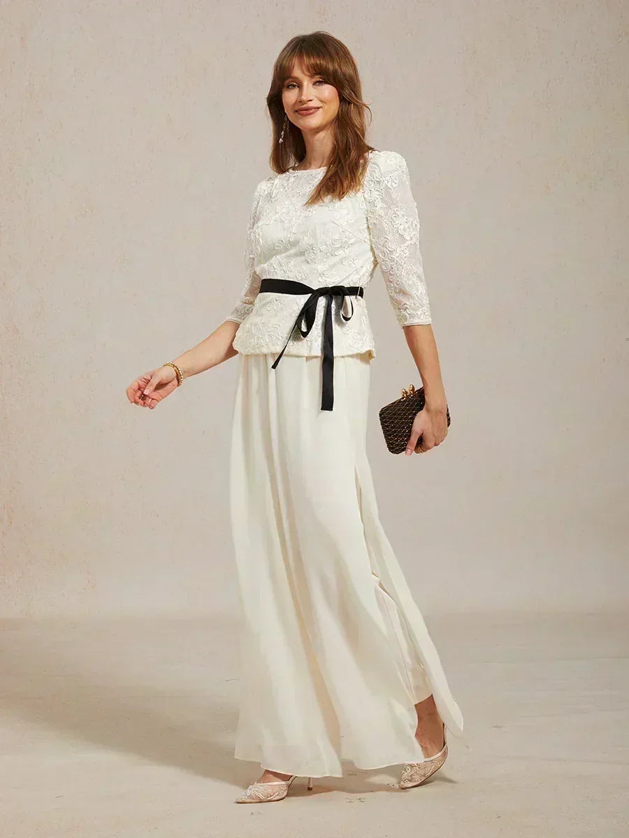 Rechte broek met chiffon split been overlay