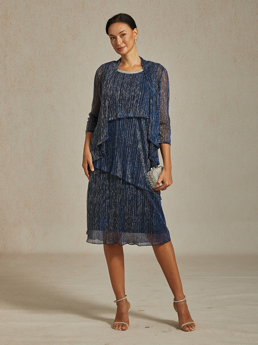 Metallic Pleated Chiffon Long Jacket with Layered Design