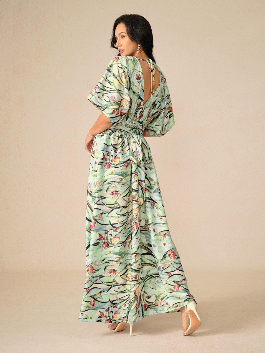 Tropical Floral Satin Maxi Dress