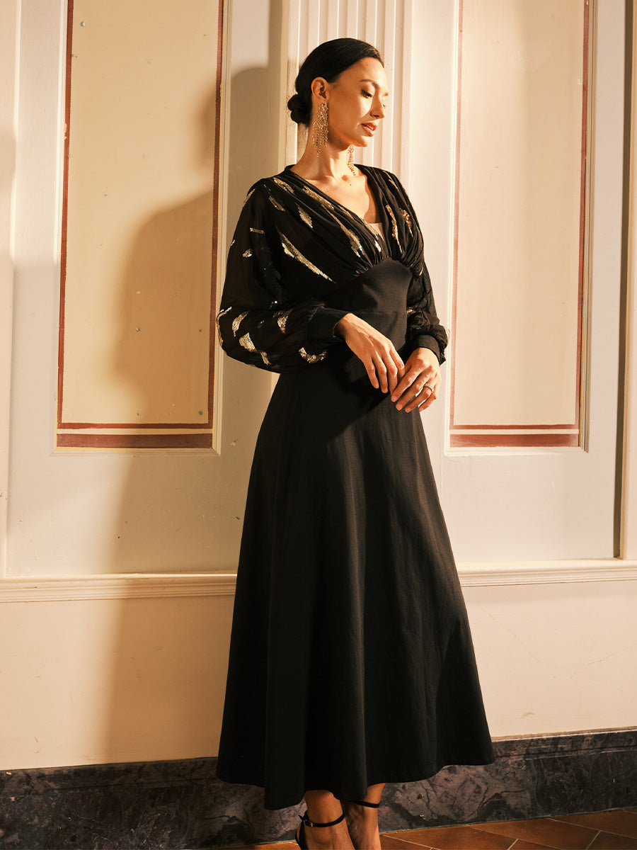 Black Sequins Puff Sleeve Maxi Dress with Empire Waist