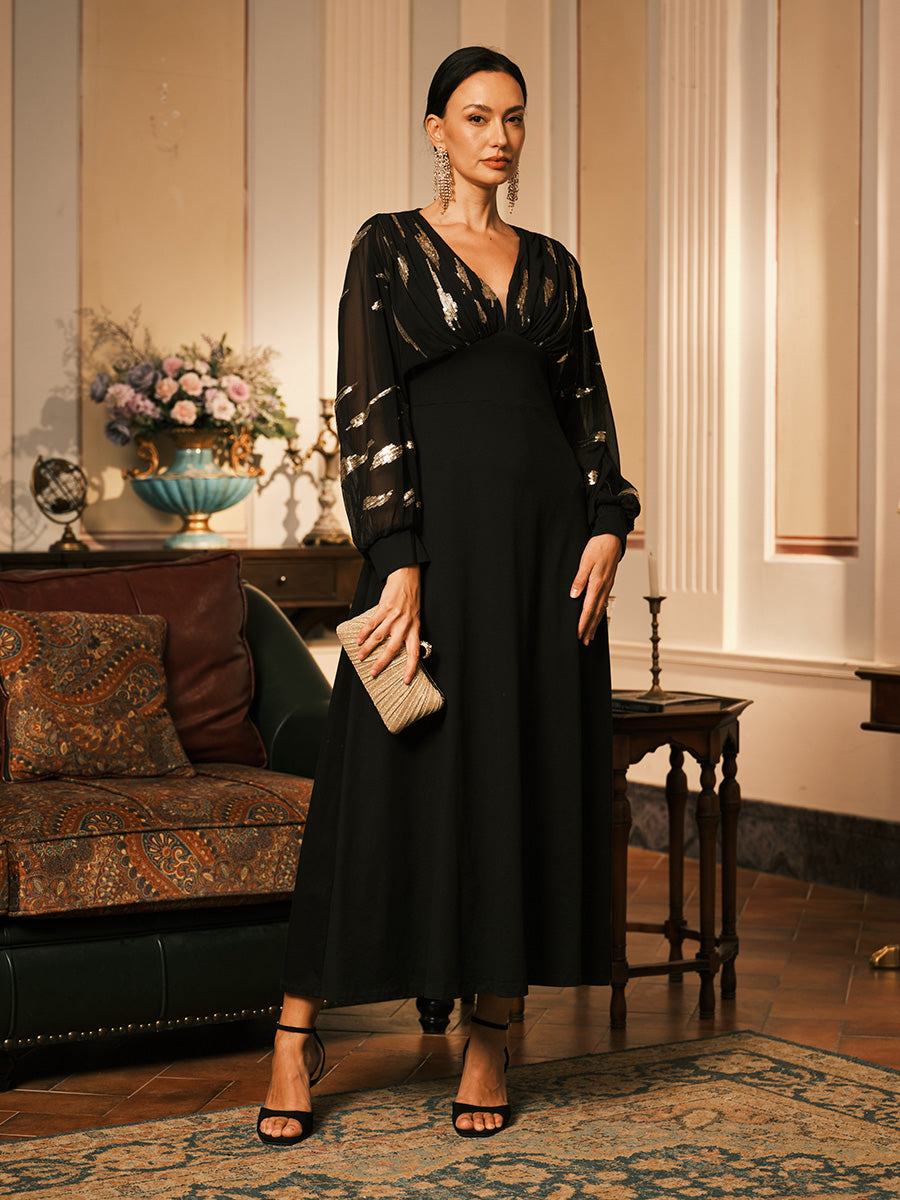 Black Sequins Puff Sleeve Maxi Dress with Empire Waist