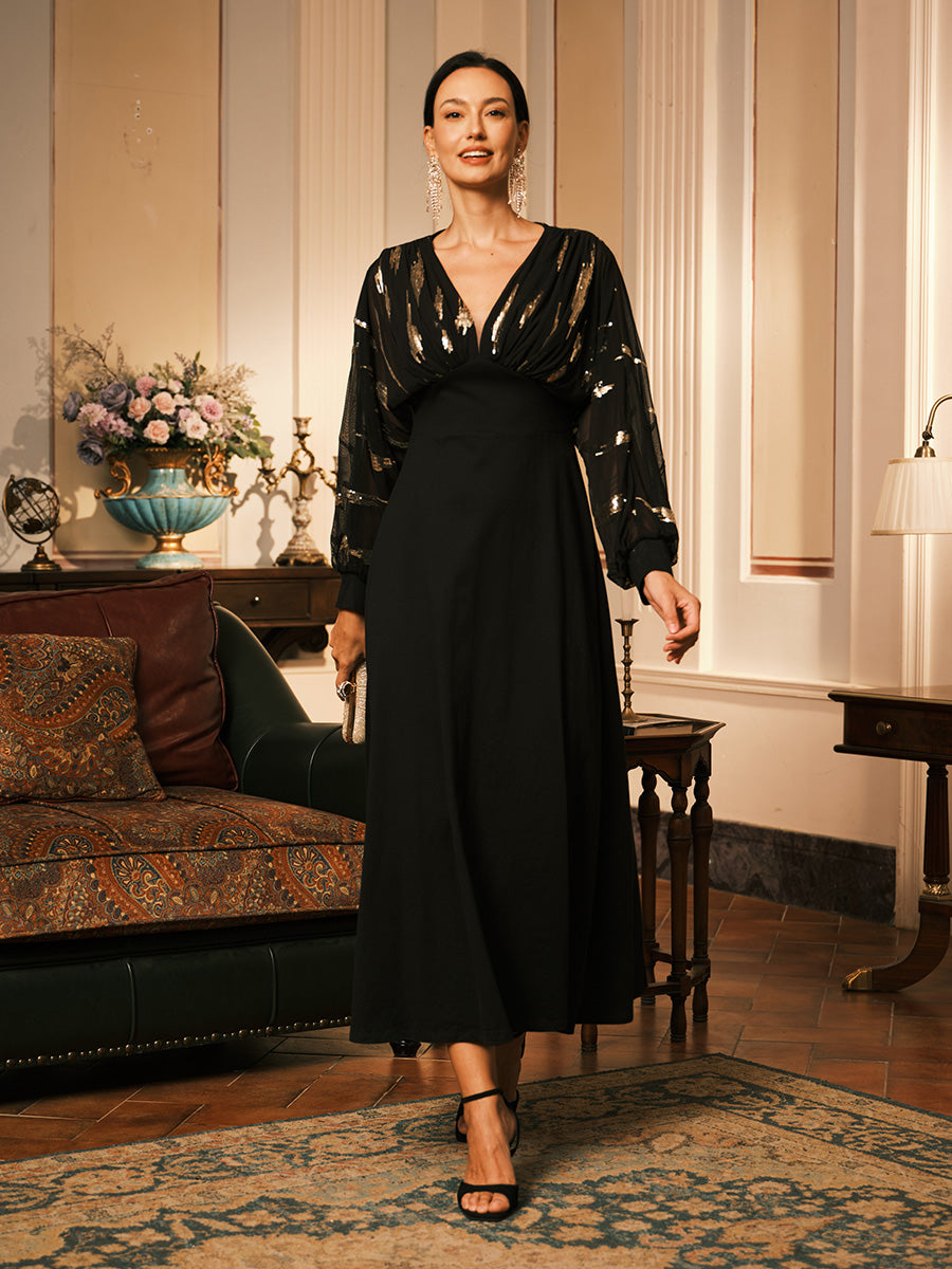 Black Sequins Puff Sleeve Maxi Dress with Empire Waist