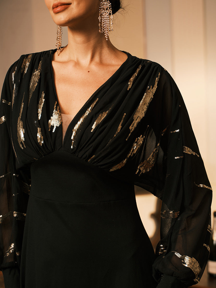 Black Sequins Puff Sleeve Maxi Dress with Empire Waist