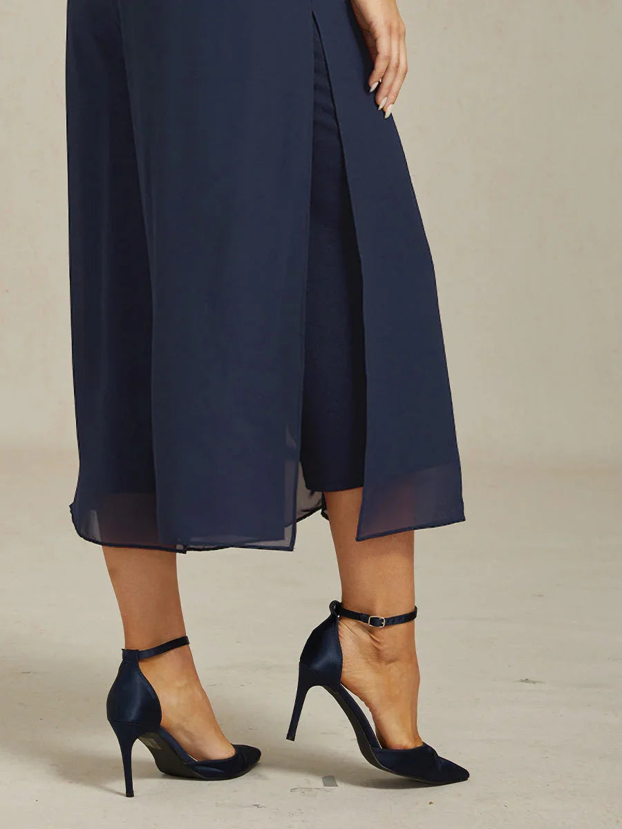 Cropped Length Straight Leg Pant With Chiffon Split Leg Overlay