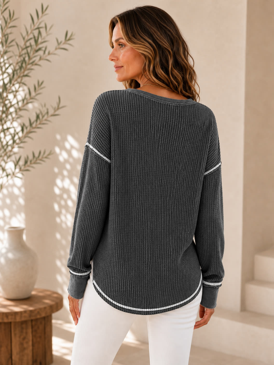 Cotton Waffle V-Neck Blouse