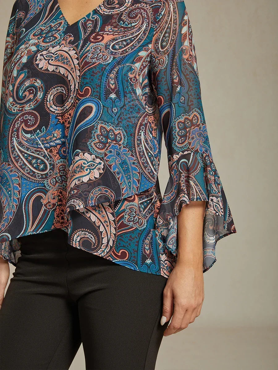 Elegante Boho Chiffon Blouse met Ruches aan de Mouwen