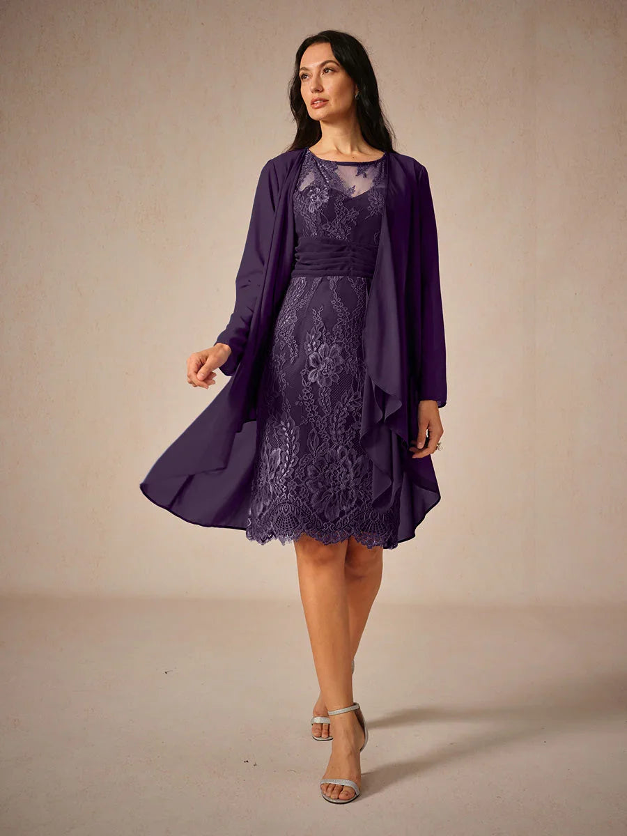 Elegant Knee-Length Lace Dress With Sheer Chiffon Jacket