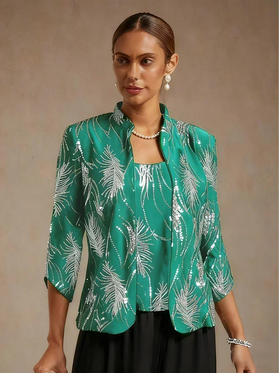 Elegant Mandarin Collar Sequin Twinset