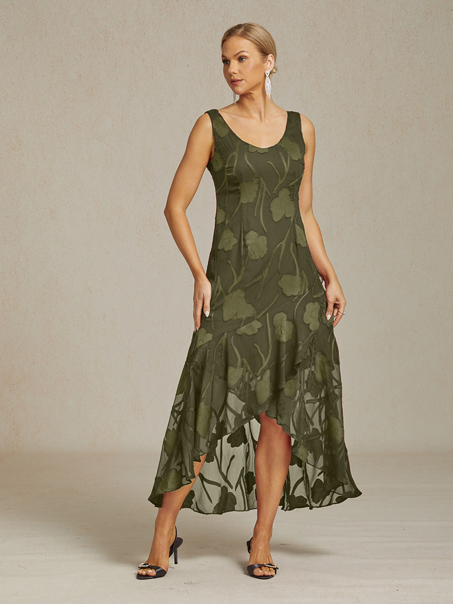 Navy Floral Chiffon Evening Gown with Asymmetrical Hem