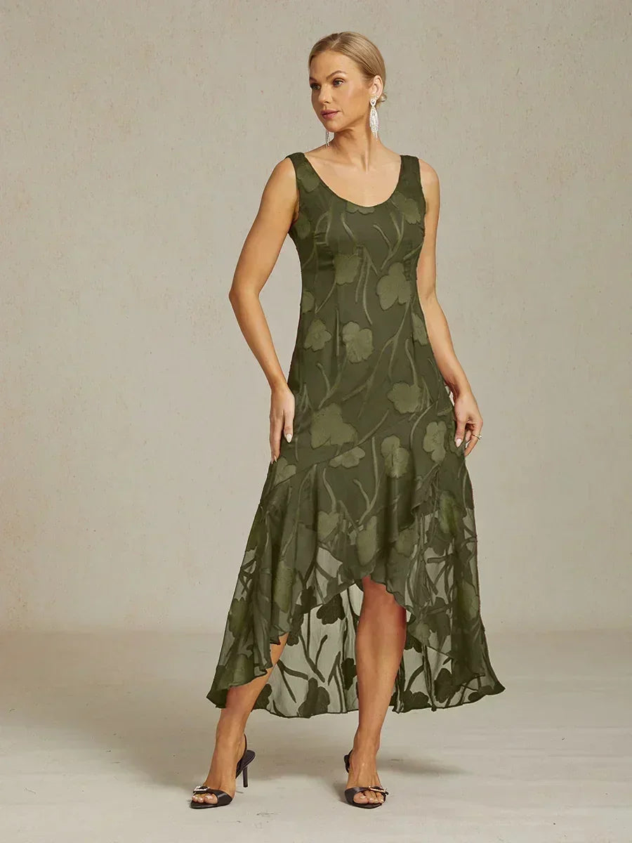 Navy Floral Chiffon Evening Gown with Asymmetrical Hem