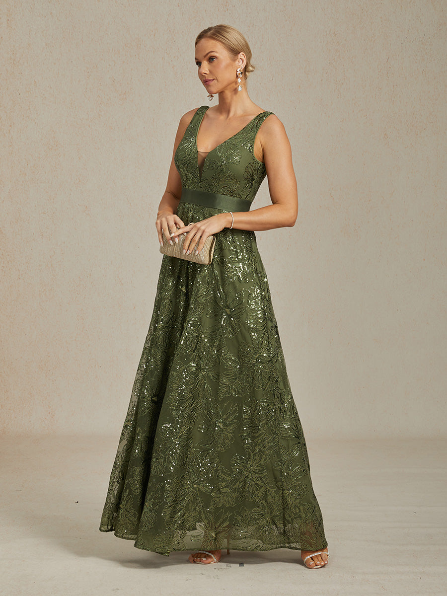 Floral Sequin Embroidered V-Neck Maxi Dress with Low Back