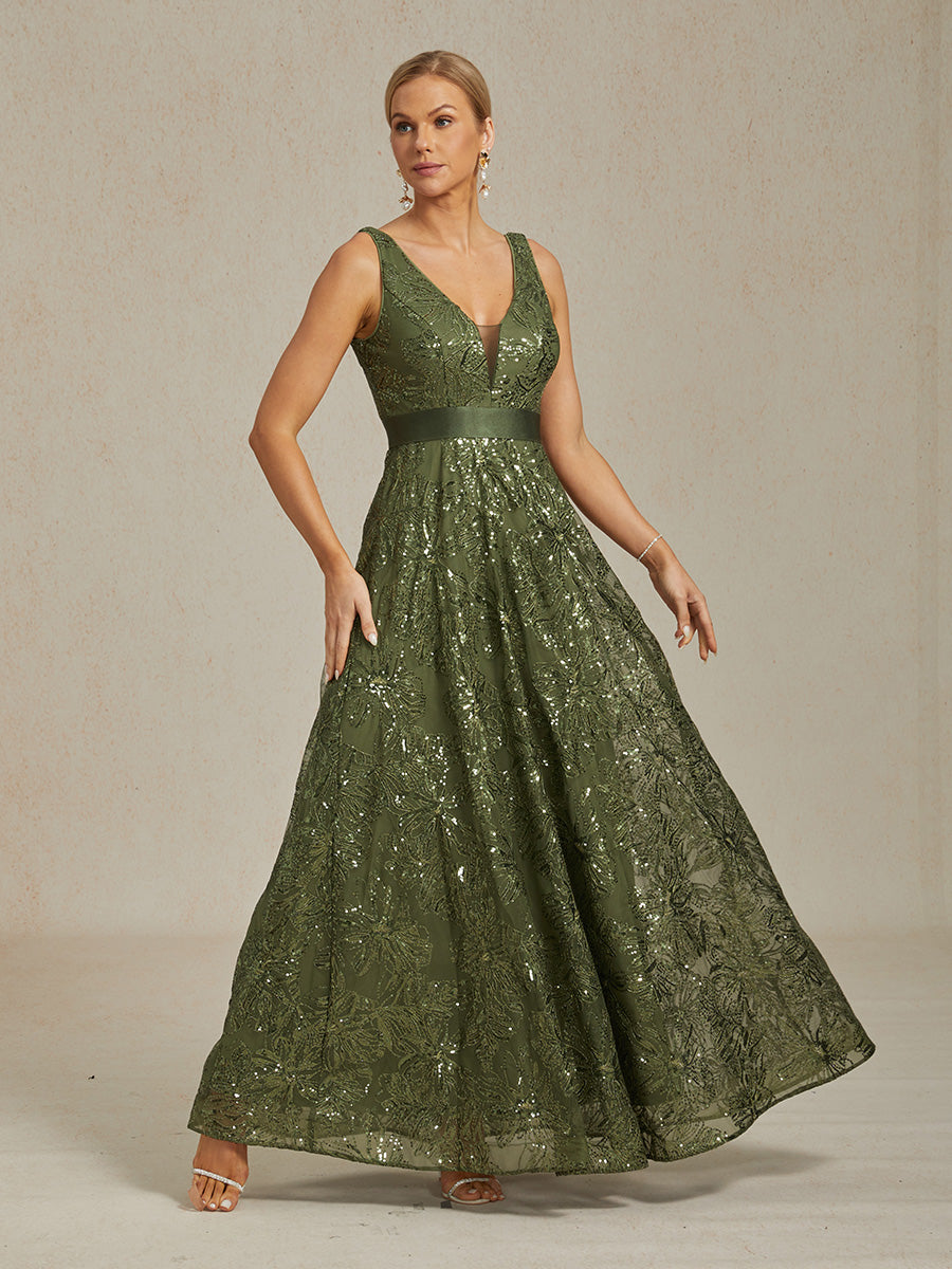 Floral Sequin Embroidered V-Neck Maxi Dress with Low Back