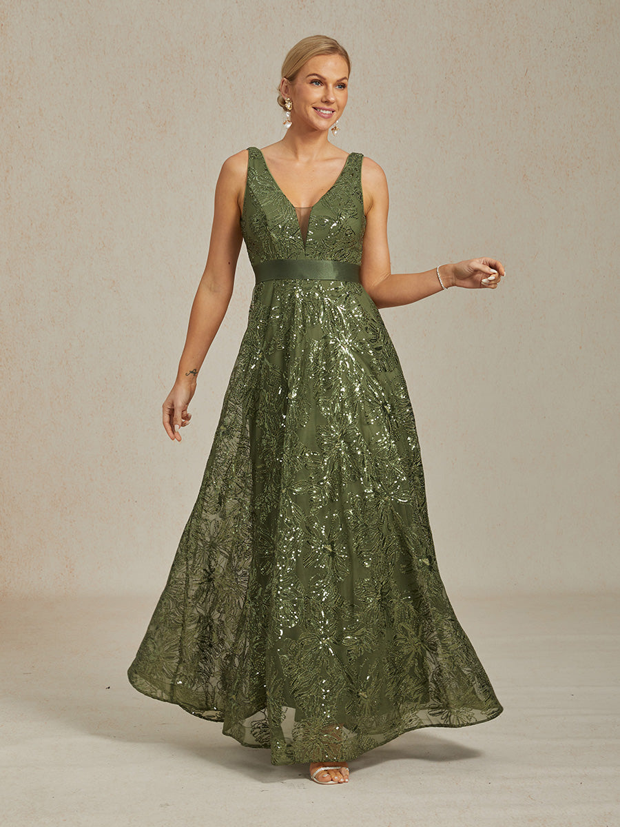 Floral Sequin Embroidered V-Neck Maxi Dress with Low Back