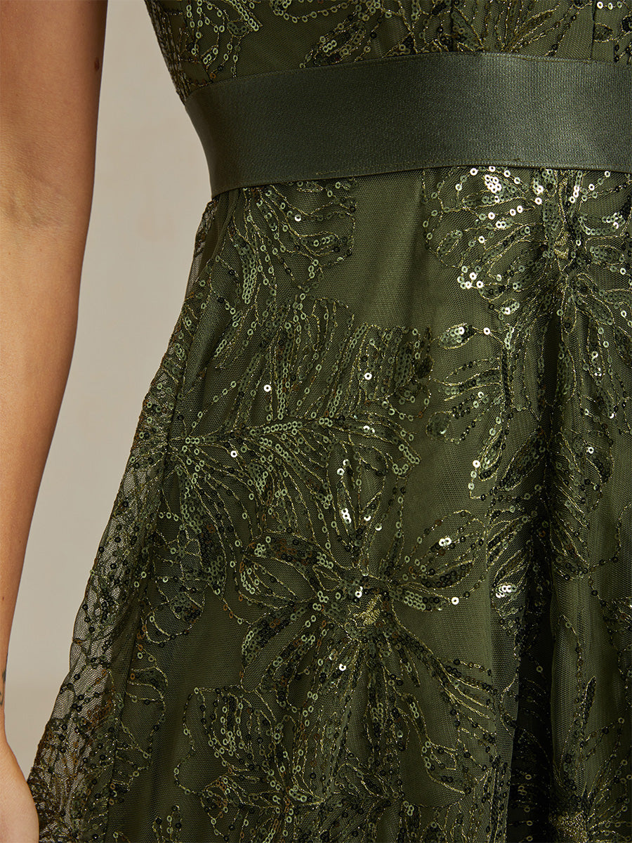 Floral Sequin Embroidered V-Neck Maxi Dress with Low Back