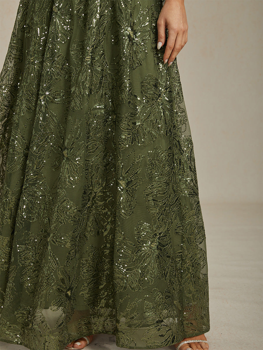 Floral Sequin Embroidered V-Neck Maxi Dress with Low Back