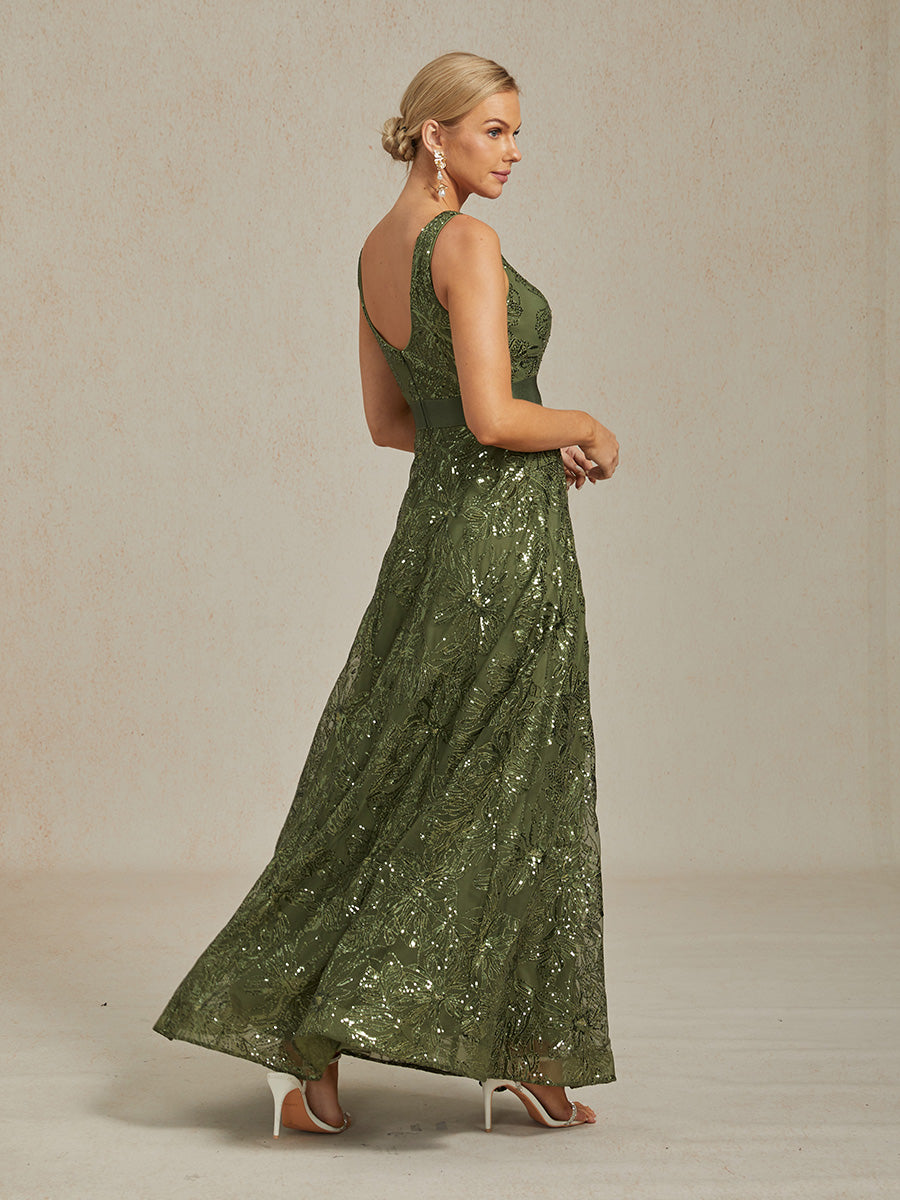 Floral Sequin Embroidered V-Neck Maxi Dress with Low Back
