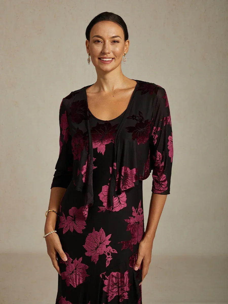 Cardigan aus transparentem Chiffon mit Blumenmuster und 3/4-Ärmeln