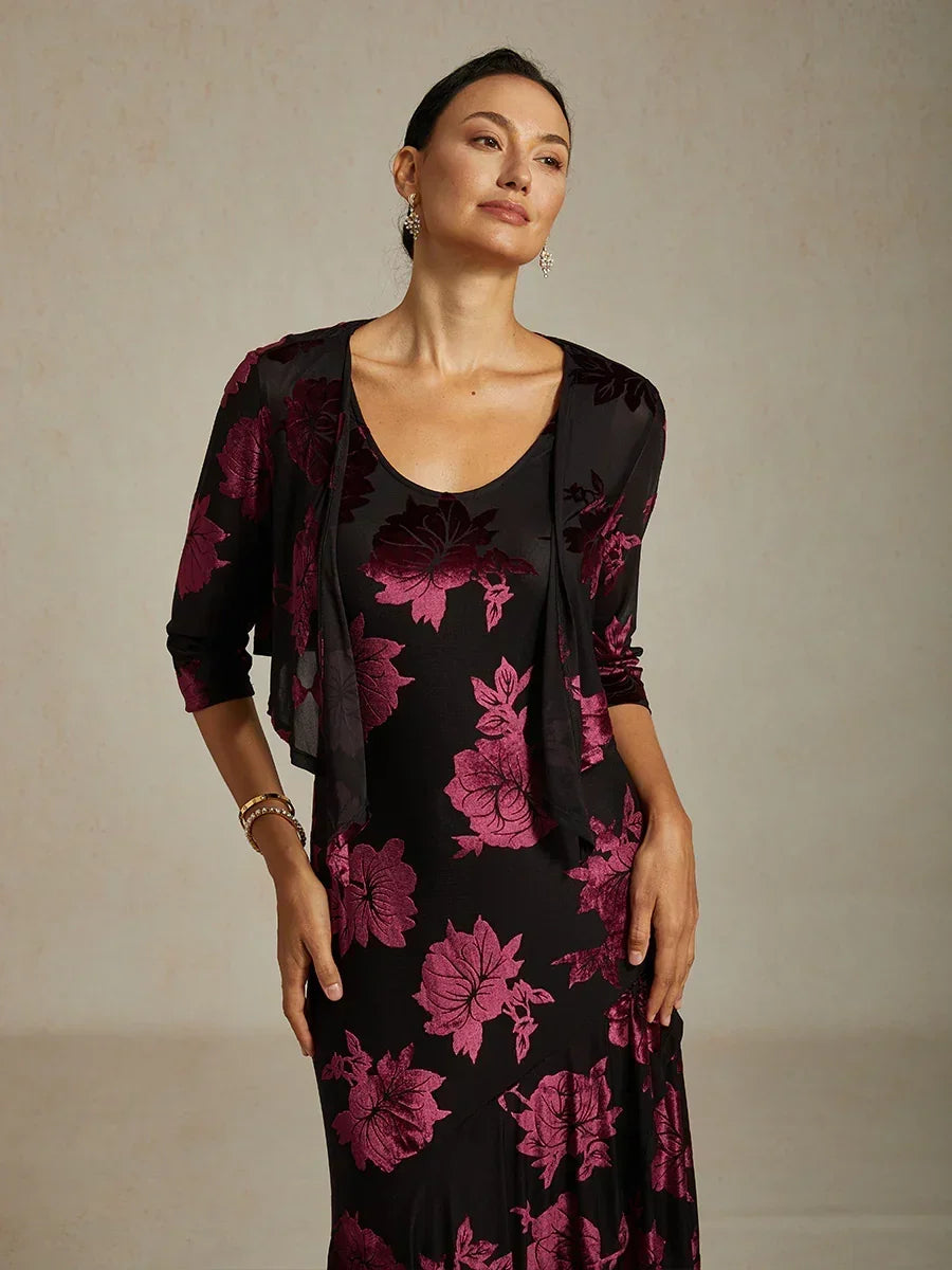 Cardigan aus transparentem Chiffon mit Blumenmuster und 3/4-Ärmeln