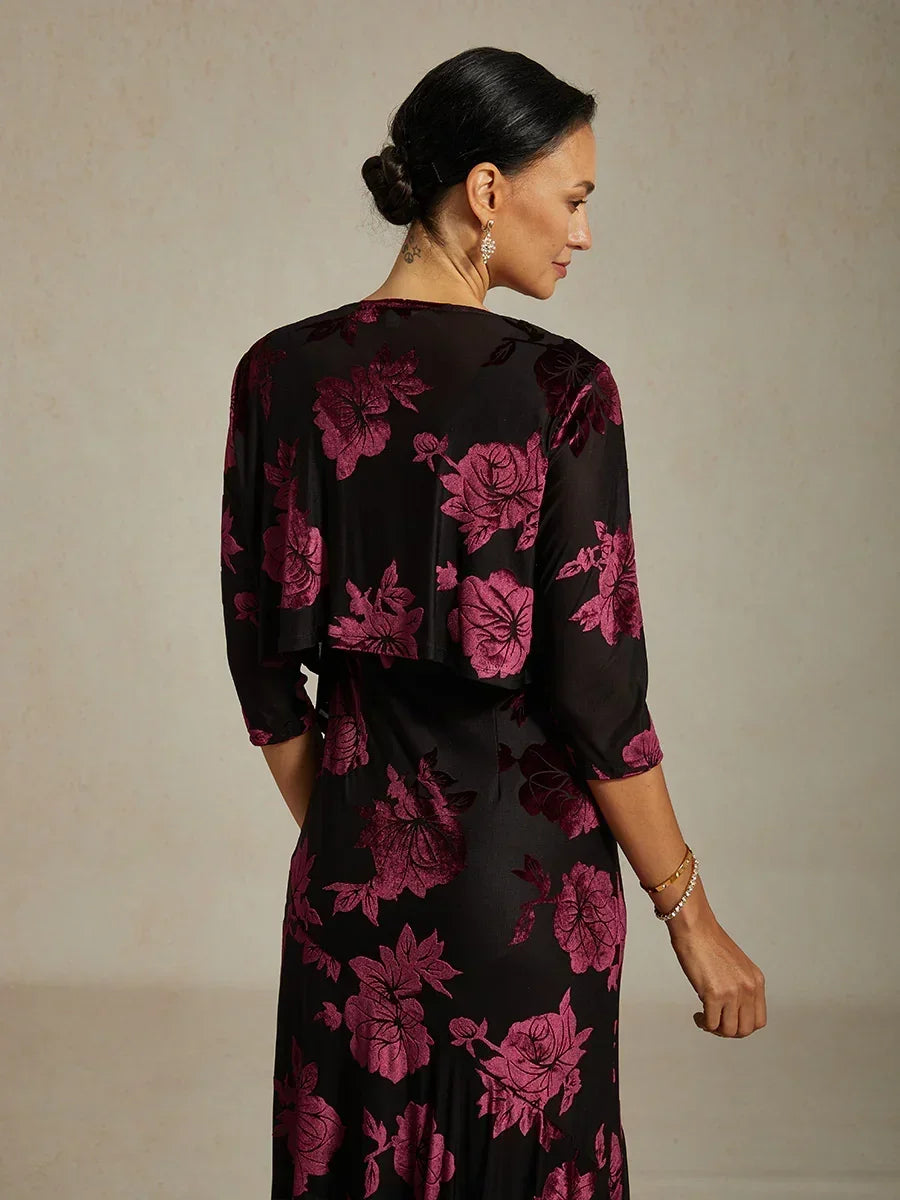Cardigan aus transparentem Chiffon mit Blumenmuster und 3/4-Ärmeln