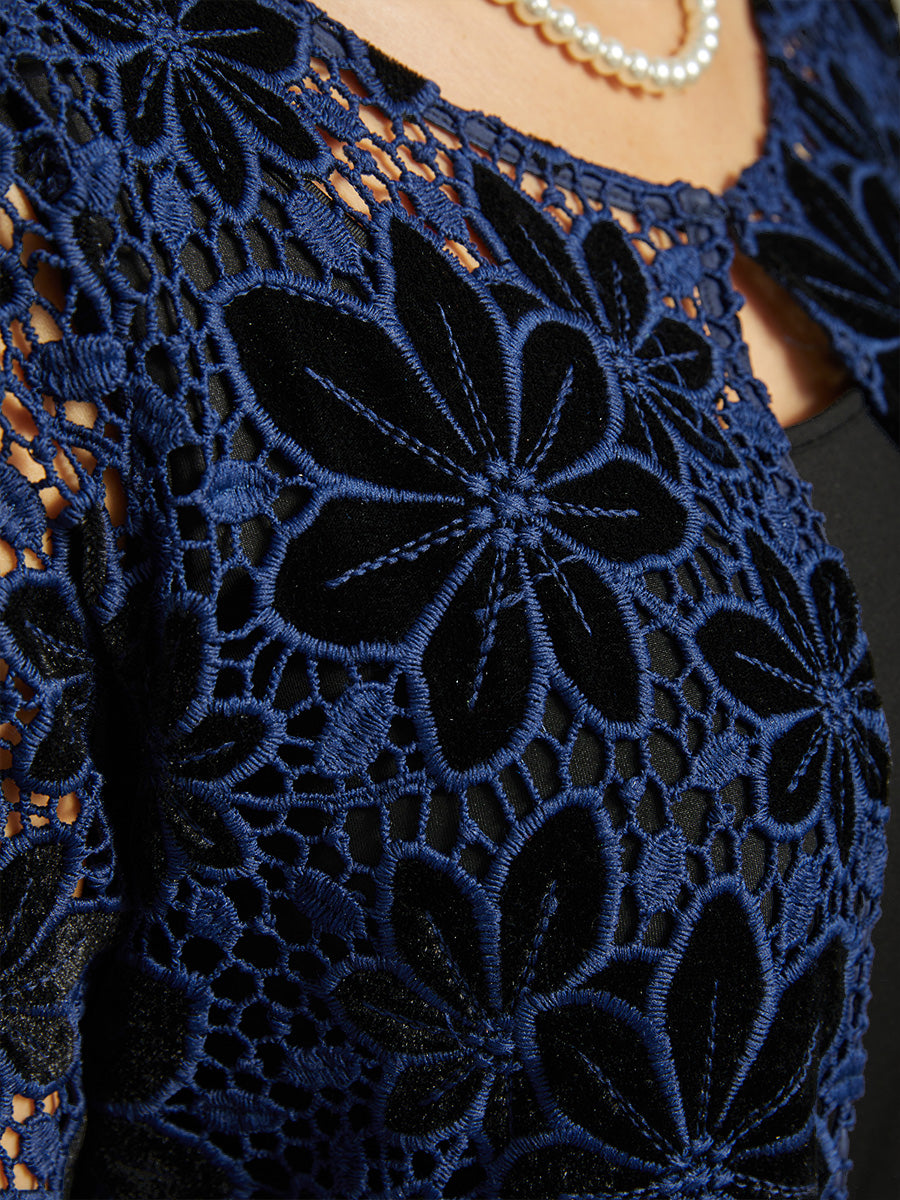 Floral Embroidered Velvet Long Jacket with Scallop Detail