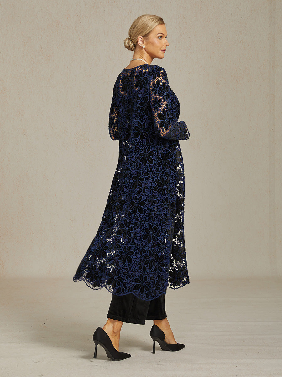 Floral Embroidered Velvet Long Jacket with Scallop Detail