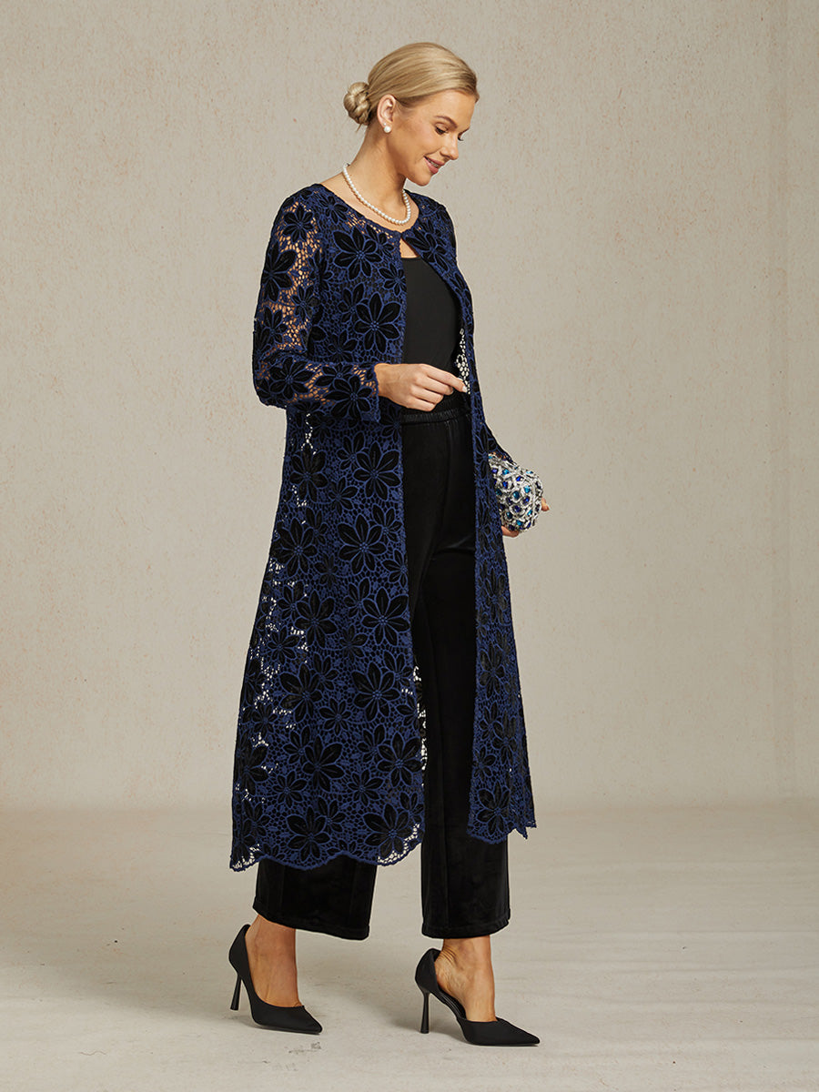 Floral Embroidered Velvet Long Jacket with Scallop Detail