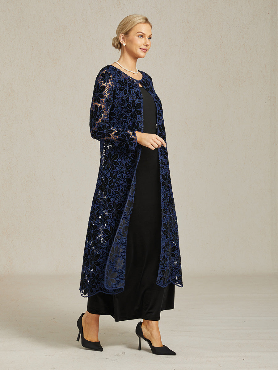 Floral Embroidered Velvet Long Jacket with Scallop Detail