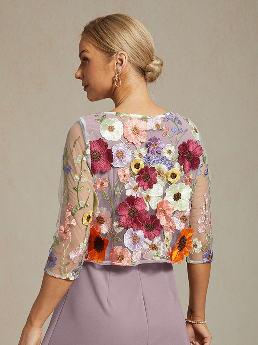 Graceful Mesh Lace Jacket with 3D Floral Embroidery