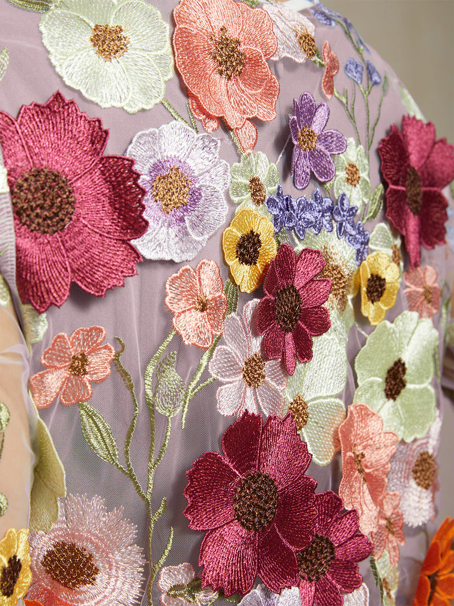 Graceful Mesh Lace Jacket with 3D Floral Embroidery