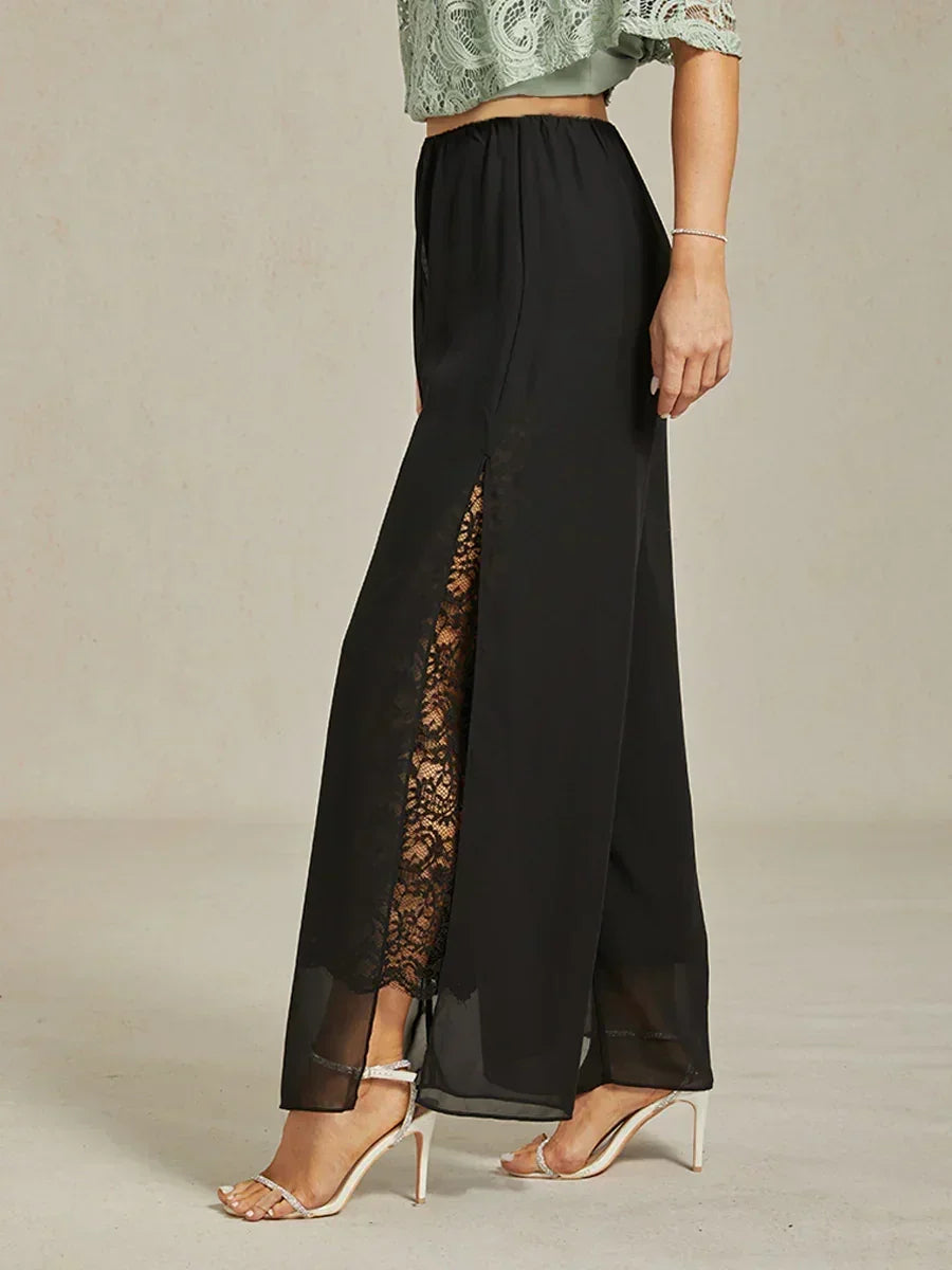Rechte broek met chiffon split been overlay