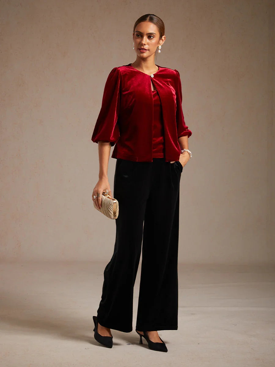 Velvet Puff Sleeves Twinset with Embellished Neckline Closure