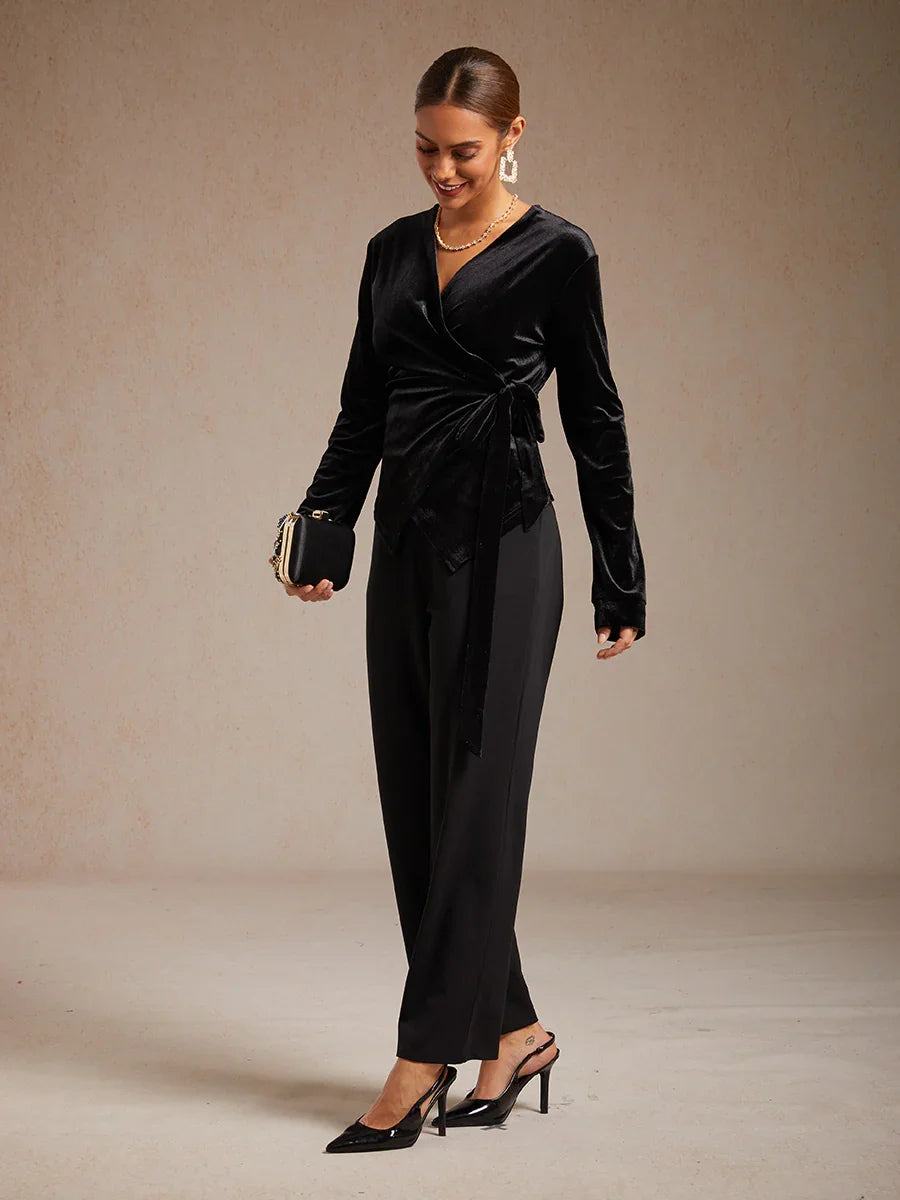 Velvet Wrap Blouse with V-Neckline